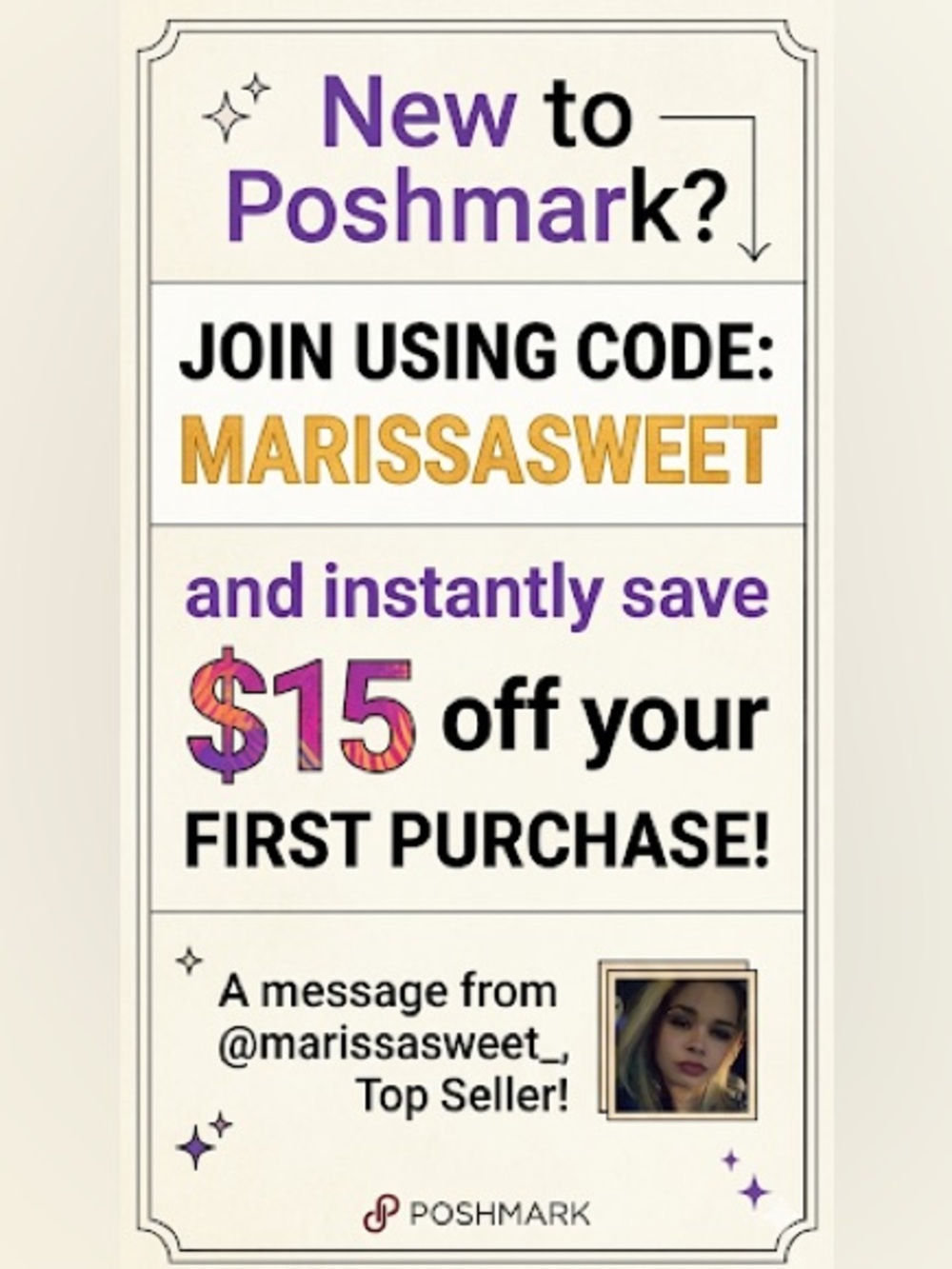 Poshmark $15 Off First Purchase Promo Graphic